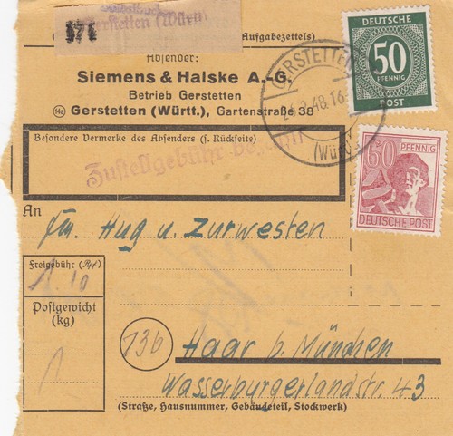 Paketkarte 1948 gerstetten - paketkarte,